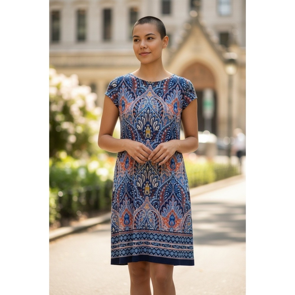 Liz Claiborne Blue Orange Paisley Cap Sleeve Sheath Dress Size 6 Vibrant